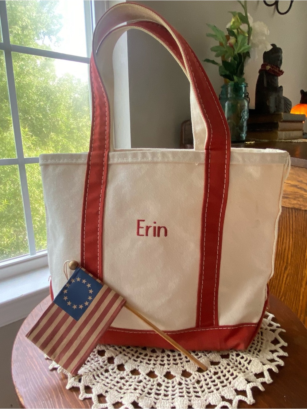 L.L. Bean Vintage Personalized Cream Canvas Tote with Red Trim - Erin EUC